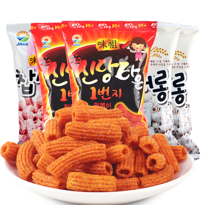 韩国进口 Jiur九日牌甜辣炒年糕100g*5袋 打糕条韩式打糕饼干膨化休闲零食品 草莓味110g*5袋
